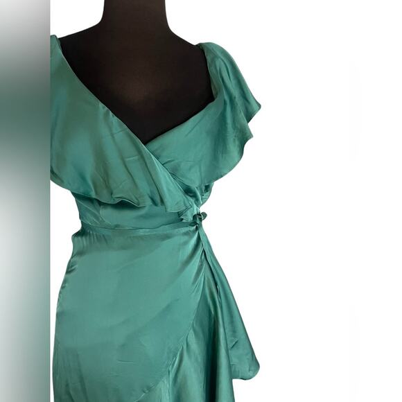 Anthropologie Green Satin Ruffle Wrap Coquette Feminine Midi Maxi Dress XXS NWT - Picture 7 of 12